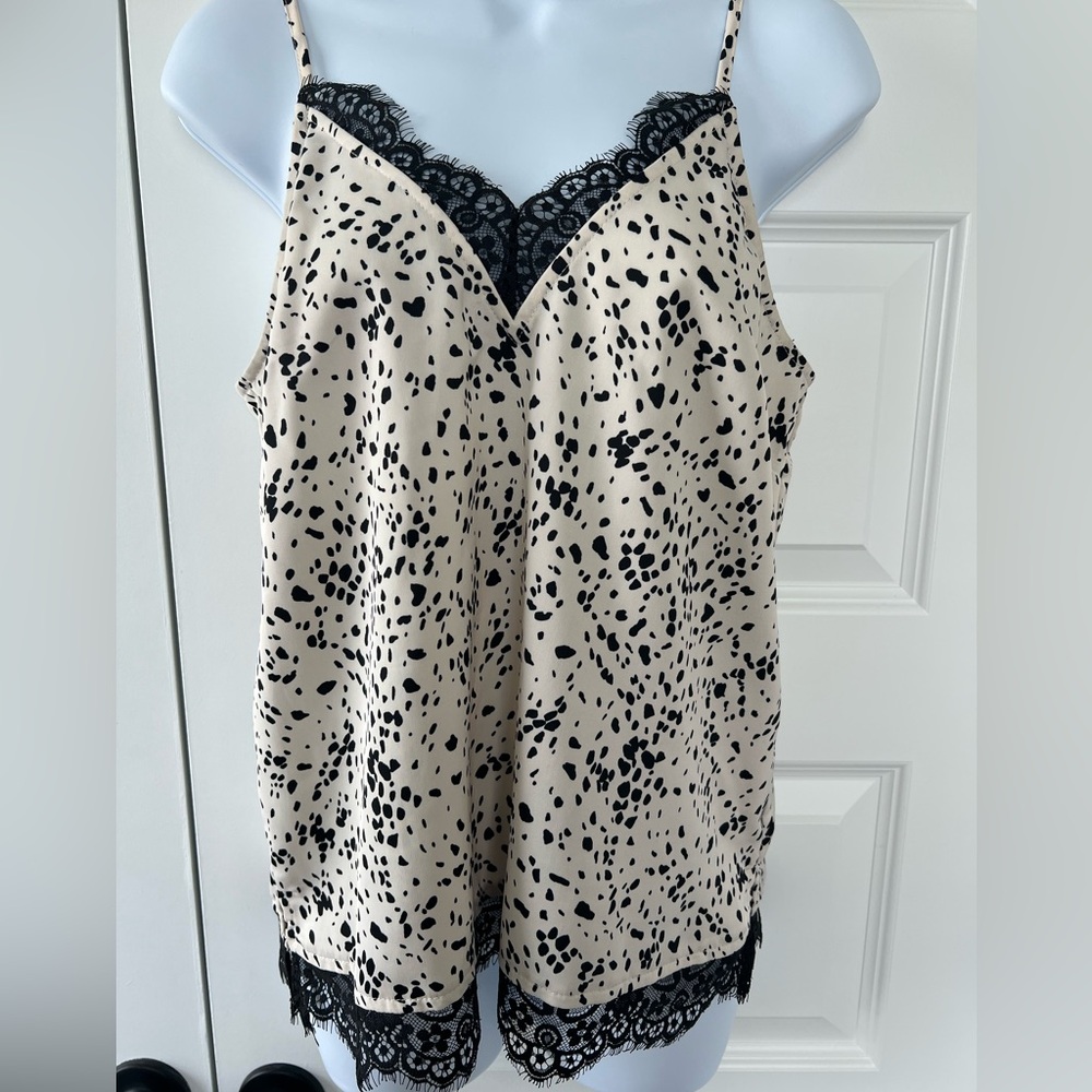 Women's Ivory and Black Lace Trim Cami Top